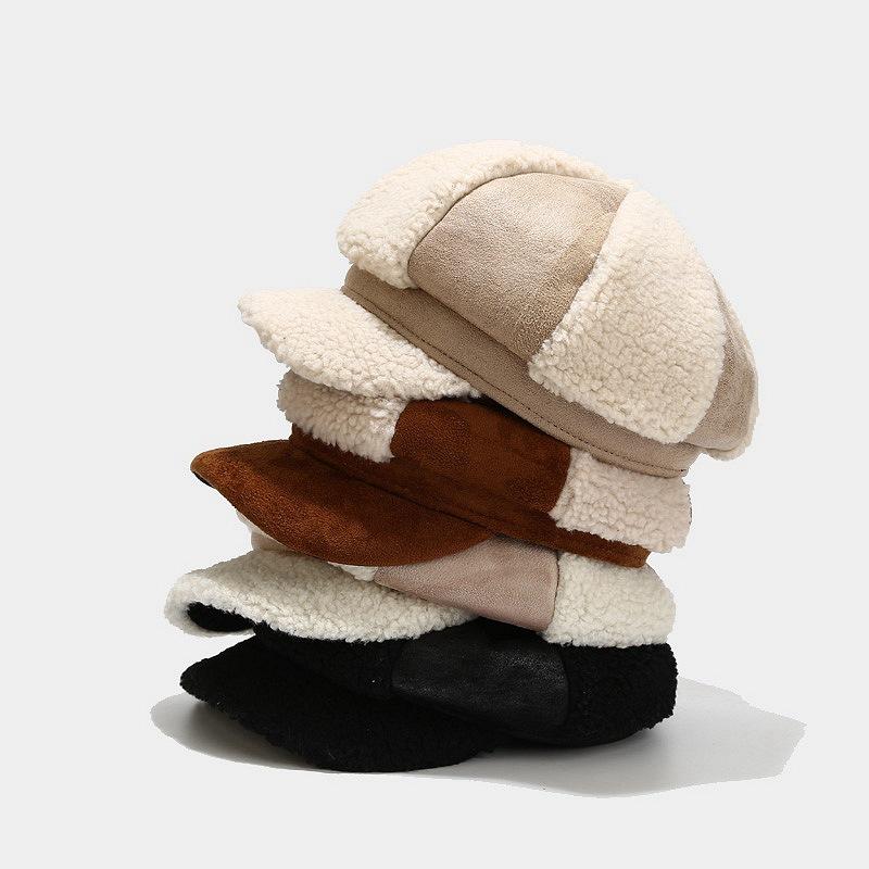 

Berets Autumn Winter Octagonal Hat Women Faux Lambswool Sboy Cap Lady Patchwork Visor Beret Vintage Cabbie Painter Paperboy, Blue;gray
