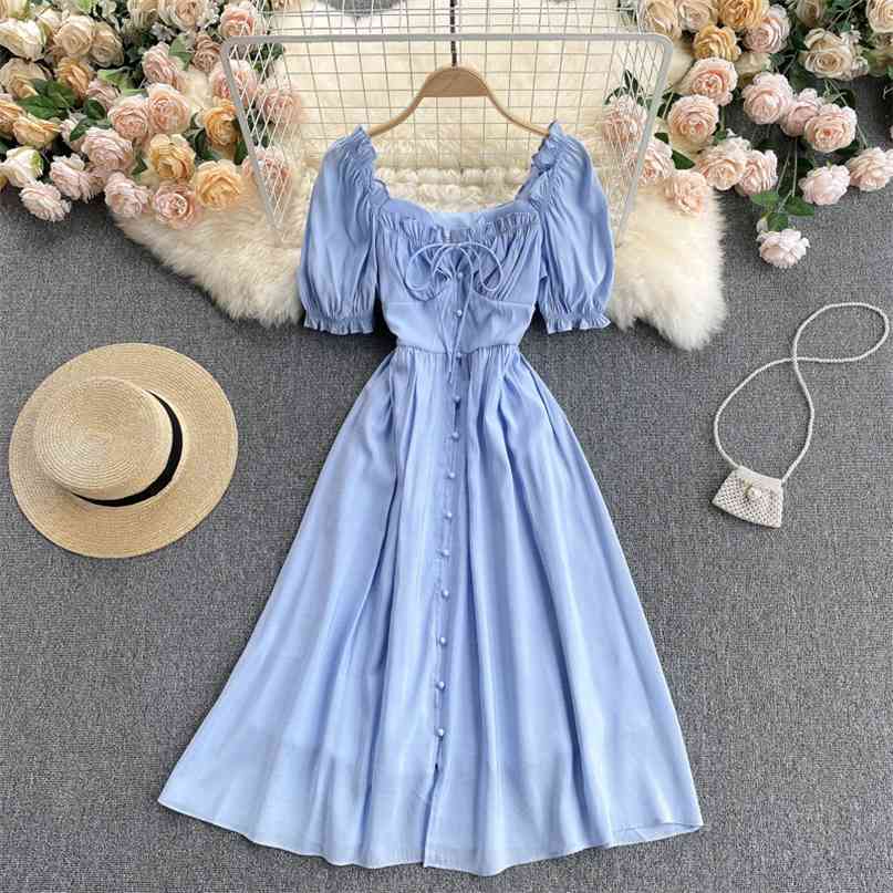 

French Women Short-sleeved Summer Dress Lace-up Ruched Square Collar Vintage Midi Single Breasted Casual Holiday es 210603, Apricot
