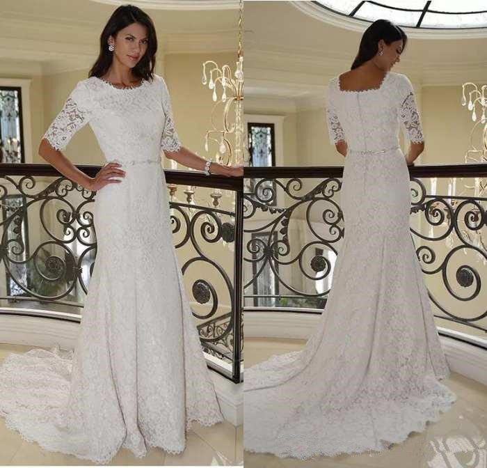 

2022 Full Lace Mermaid Wedding Gowns Half Sleeves Bridal Dresses Jewel Sweep Train with Crystal Sash, White