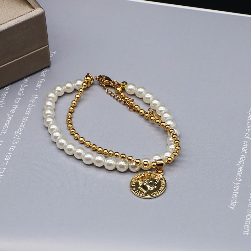 

Charm Bracelets Fashion 2 Layers Pearls Pendants Bracelet For Women Gold Metal Beads Chain Round Design Jewelry Gift