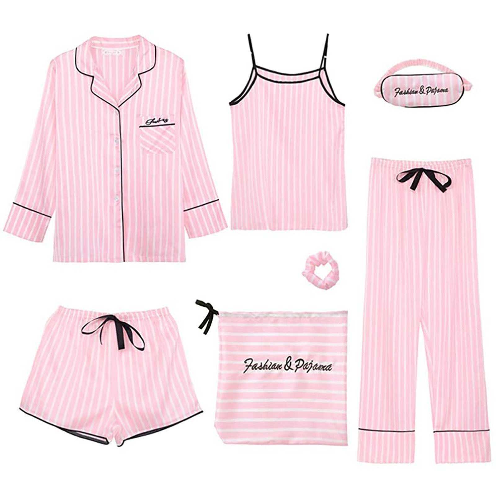 

7PCs Silk Women Lingerie Camisole Print Shorts Pant Pajamas Blindfold Sleepwear Pijams Set Home Cloths For Ladie All Day pyjama Q0706, Pink
