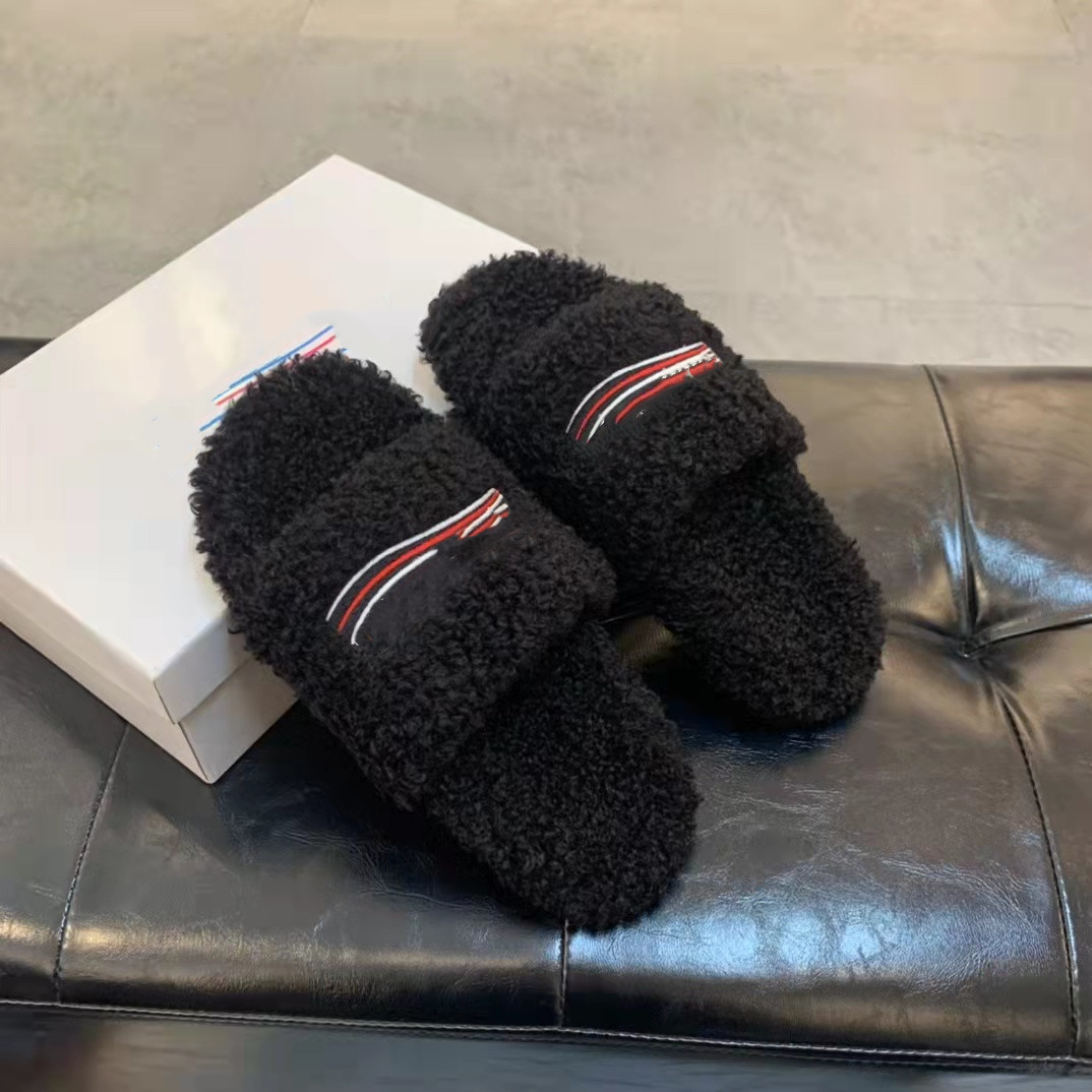 

Designer Slippers Luxury Women's Furry Slide Sandal with Political Campaign Logo Embroideries Flat Heel Open Toes Wool Polyester EU34-42 With. Box Wedding Dresses, 01
