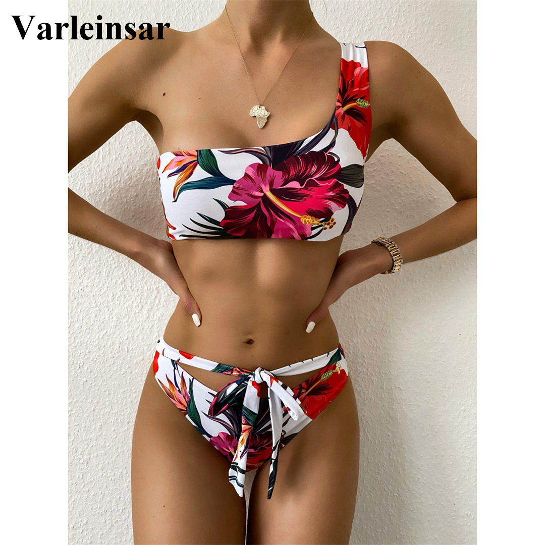 

2021 New One Shoulder Floral Bikini Female Swimsuit Women Swimwear Two-pieces Bikini set Bather Bathing Suit Swim Lady V2352