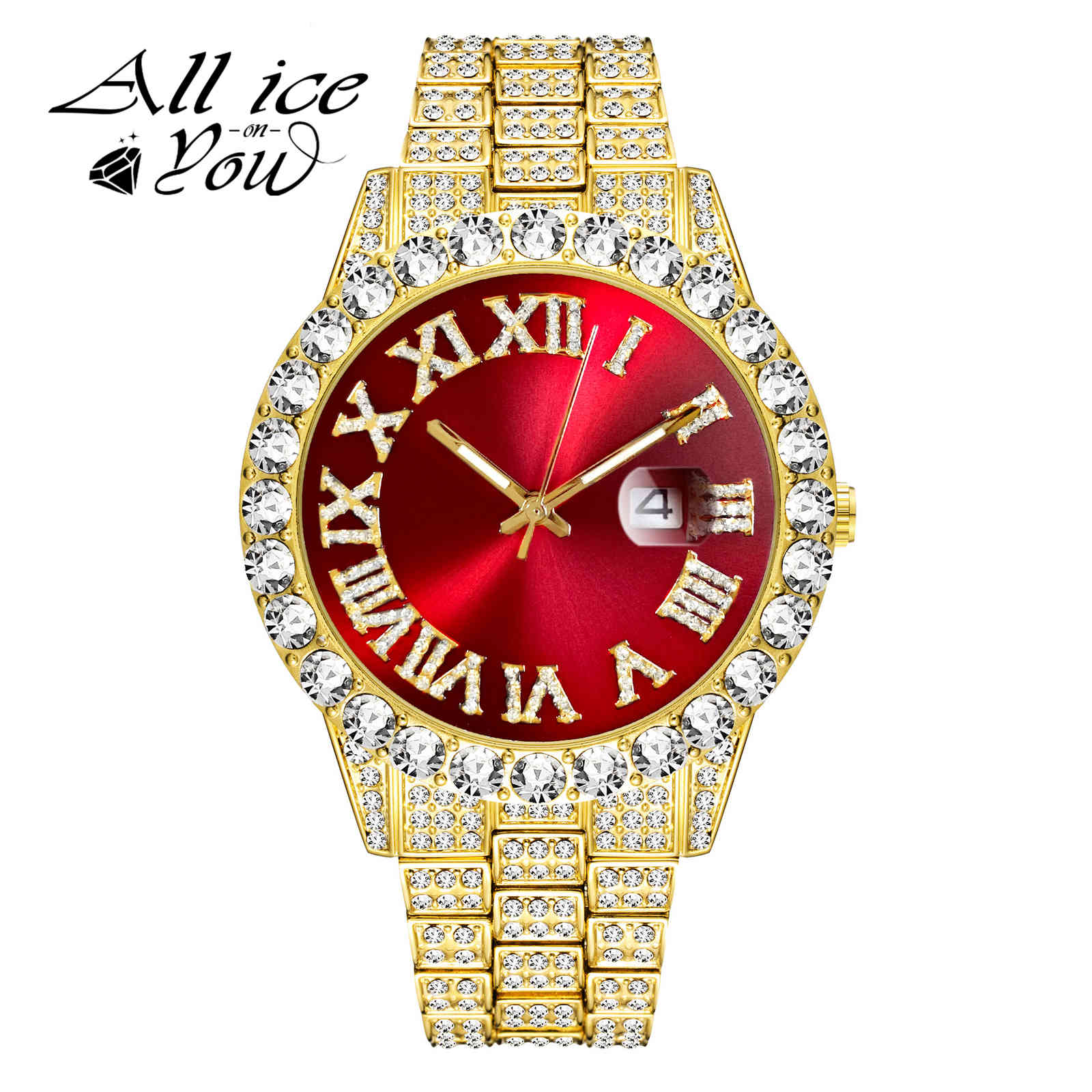 

ALLICEONYOU Fashion Iced Out Micro Pave Cubic Zirconia Watches Hip Hop Stainless Steel Jewelry For Gift, Bicolor and green