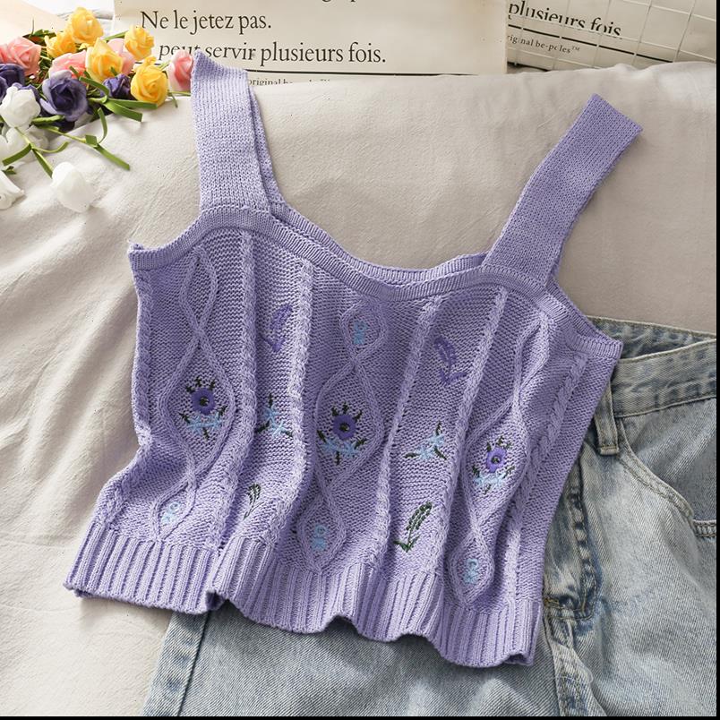 

knitted crop floral women tank embroidery cropped vest summer vintage purple top, White