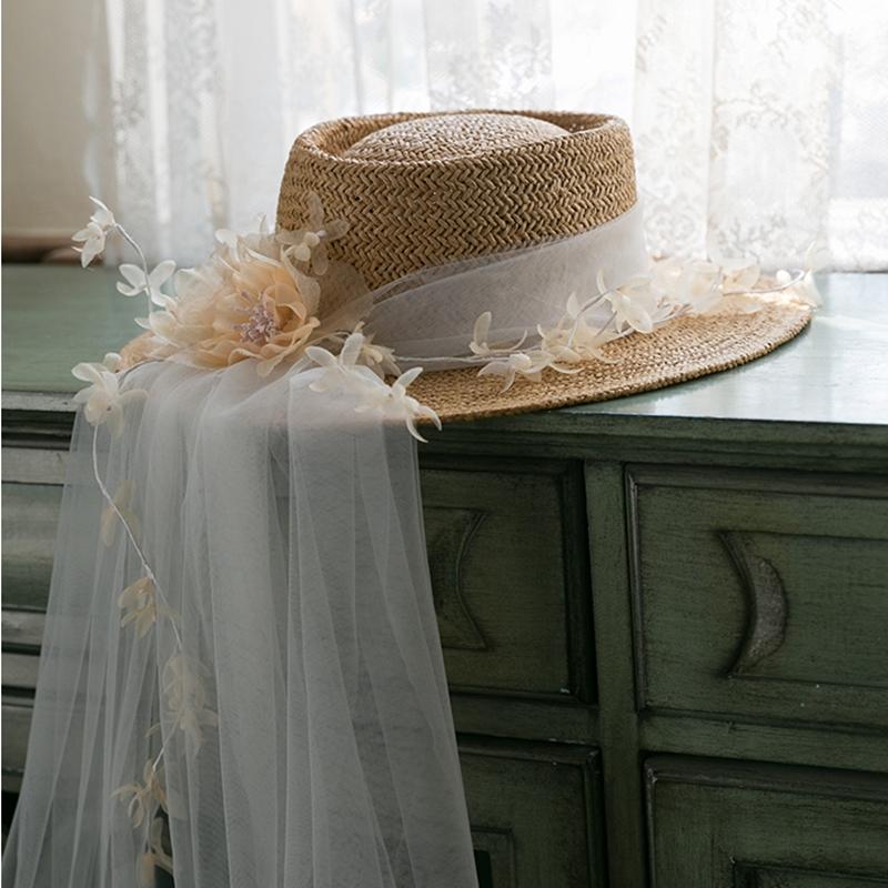 

Headpieces Brown Women Sun Hat Vintage Hand-knitted Birde With Veil Bride Headdress Novia Accesorios