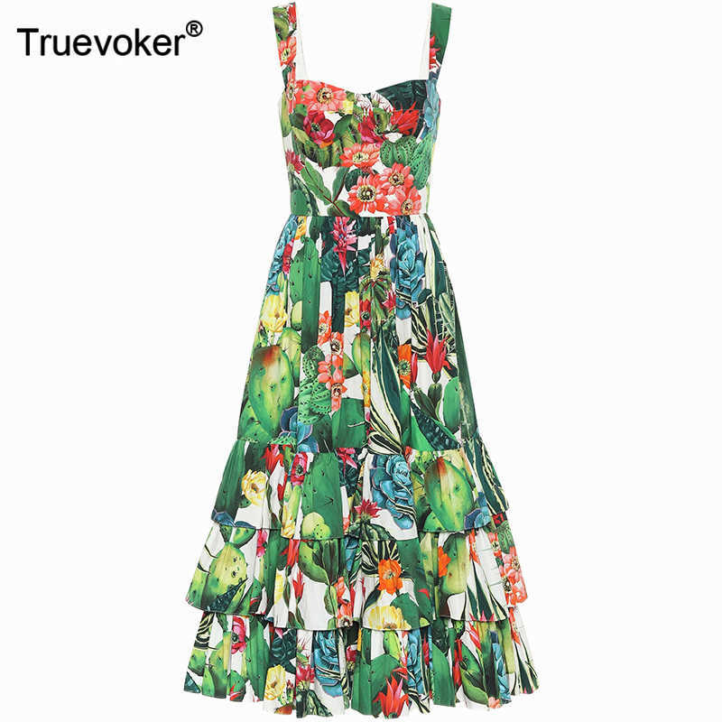 

Truevoker Ladies Resort Cotton Dresse's Flower Printed Midi Spaghetti Strap Layer Cake Dress Sexy Festa Robe Femme Ete 210602, Green