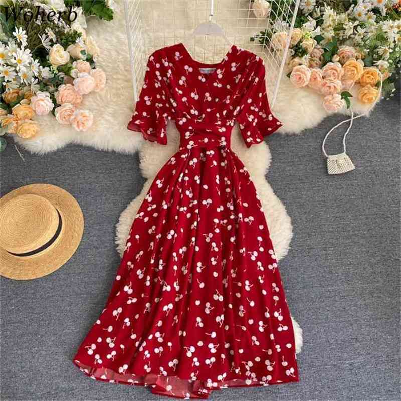 

Women High Waist A-Line Dress Summer Cherry Print Lace Up V-Neck Dresses Chic Party Sexy Beach Fashion Vestidos 210519, Red