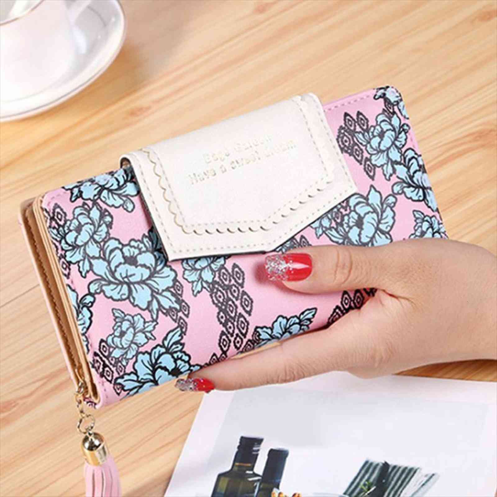 

tassel zipper clutch wallets women floral hasp purse ladies long wallet bag credit card p holder change coin, Red;black