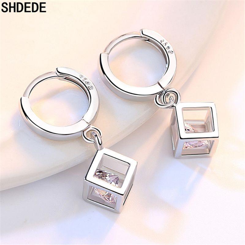 

Dangle & Chandelier Silver Drop Hoops Earrings Women Square Zircon Fashion Jewelry Wedding Party Embellished With Crystals From -W