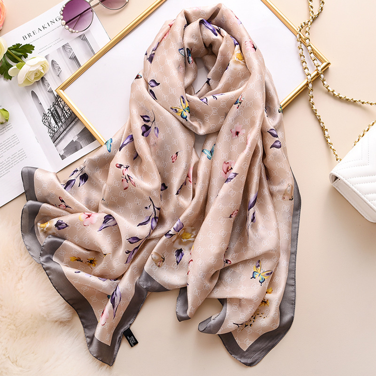 

90*180cm women men scarves fashion spring autumn butterfly bee print long beach shawls soft warm silk scarf