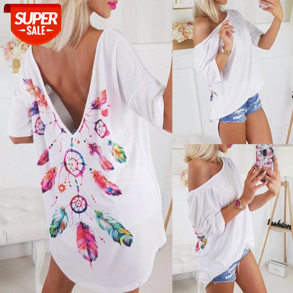 

in stock]European and American women' round neck open back printing irregular ladies T-shirt tops women #6L1e, White