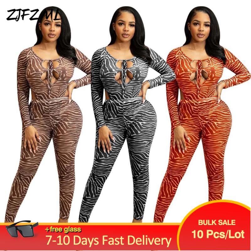 

Women's Two Piece Pants Wholesale Bulk Items Lots Sexy Tracksuit Zebra Stripe Print Full Sleeve Bandage Bodysuit And Mesh Slim Sheath Trouse, White