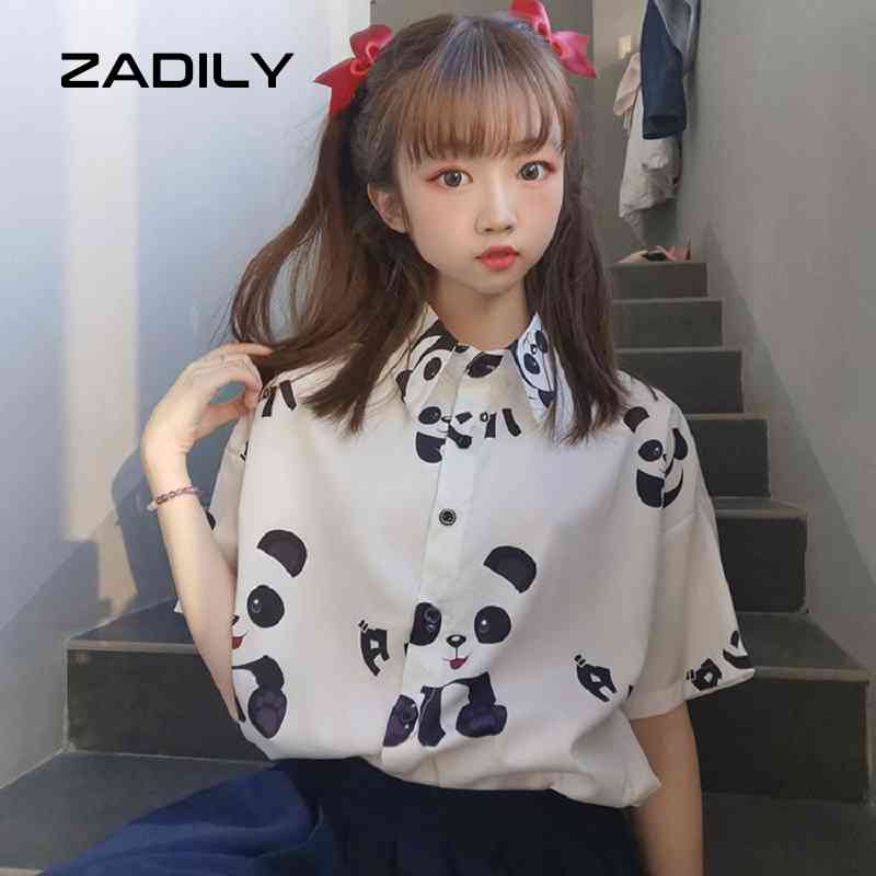

Kawaii JK Short Sleeve Panda Print Women White Shirt Chic Preppy Style Button Up Loose Blouse Summer Female Clothing Tops 210521, Sku