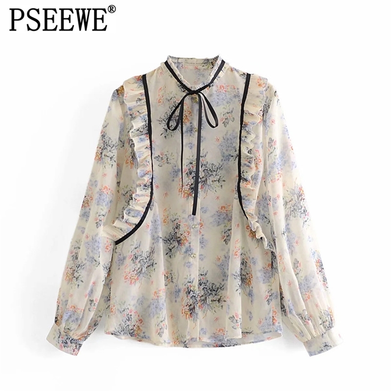

Beige Floral Print Chiffon Blouse Women Spring Cottagecore Ruffle Long Sleeve Top Woman Bow Tied Button Up Shirt 210519