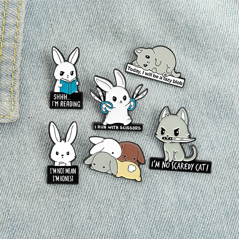 

Rabbits Park Enamel Pins Custom Book Scissors Bunny Cats Brooch Lapel Badge Bag Cartoon Animal Jewelry Gift for Kids Friends