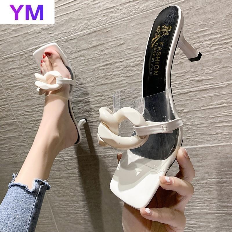 

Dress Shoes PVC Summer Women's High Thin Heel Sandal Metal Decoration Fashion Comfortable Zapatillas Casa Mujer Sapatos Femininos 34-39, Black