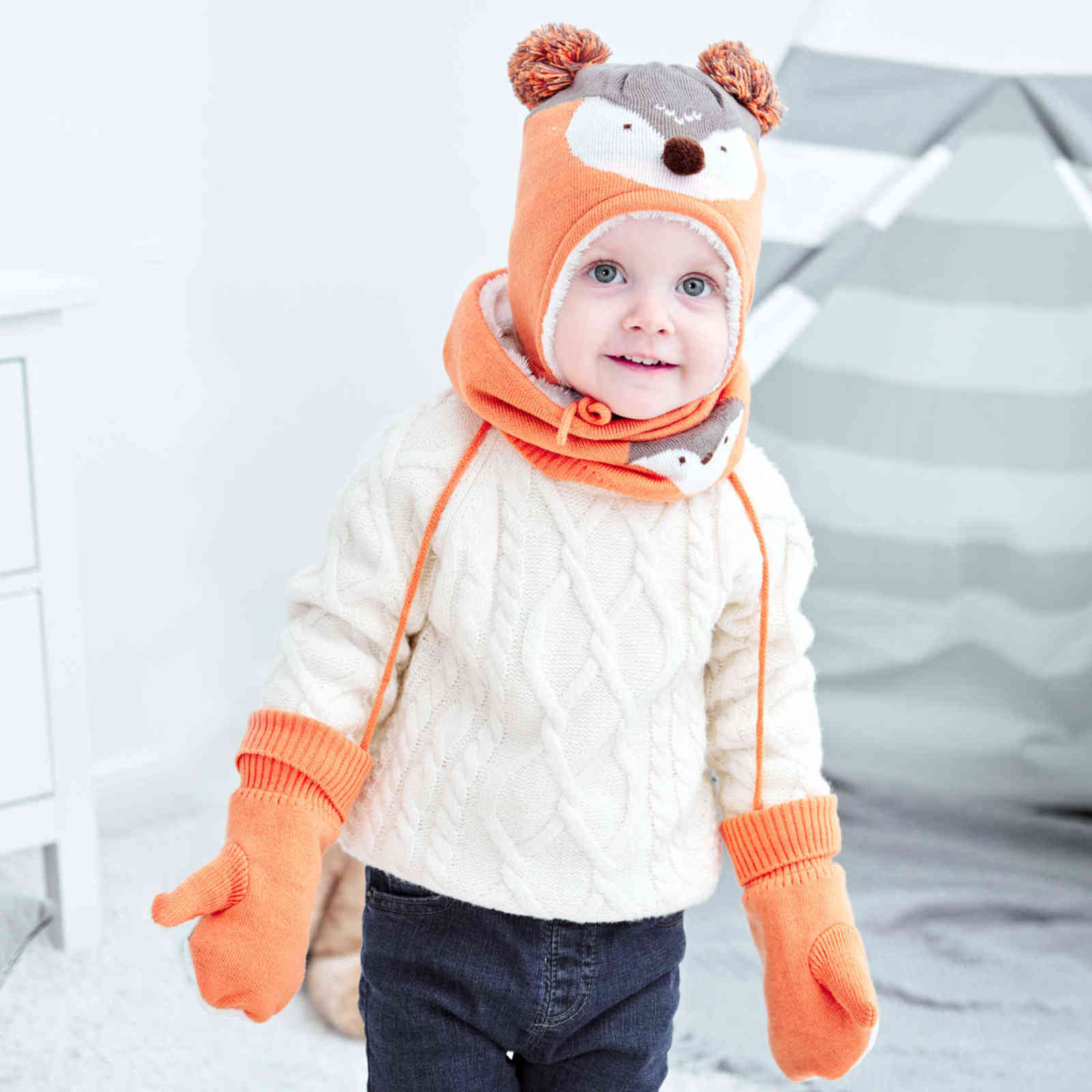 

Baby Kids Hat Scarf Gloves 3pcs Set Children Winter Cartoon Fox Hats for Girls Boys Cute Ear Warmer Wool Hairball Kbh134