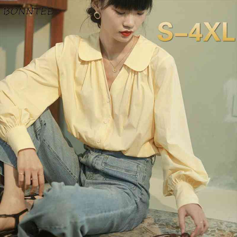 

blouses women yellow plus size 4xl simple retro all-match harajuku shirts solid lantern sleeve peter pan collar ulzzang, White