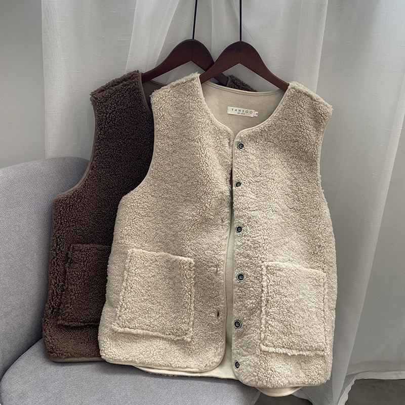 

Autumn Winter Lamb Hair Vest Women Fashion Version Oversized Sleeveless Plush Chic Warm Jacket Female For Causal 210520, Beige