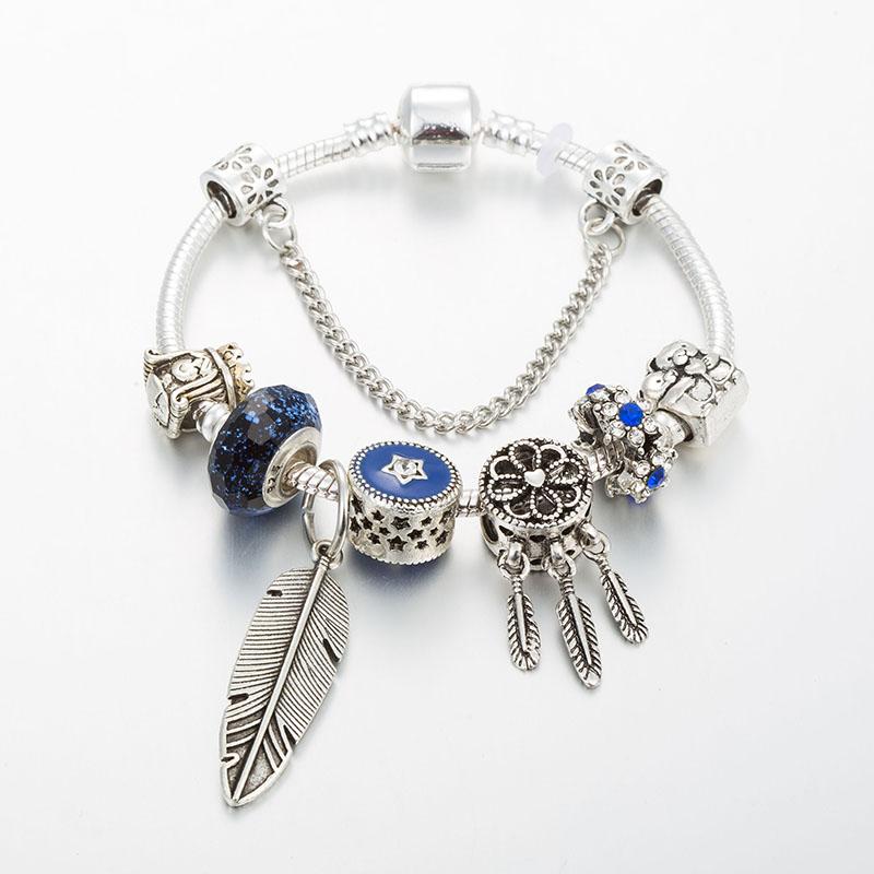 

Charm Bracelets Fashion Jewelry Dream Catcher Feather For Women Men Original Blue Crystal LOVE Beaded Bangle Gift, Golden;silver
