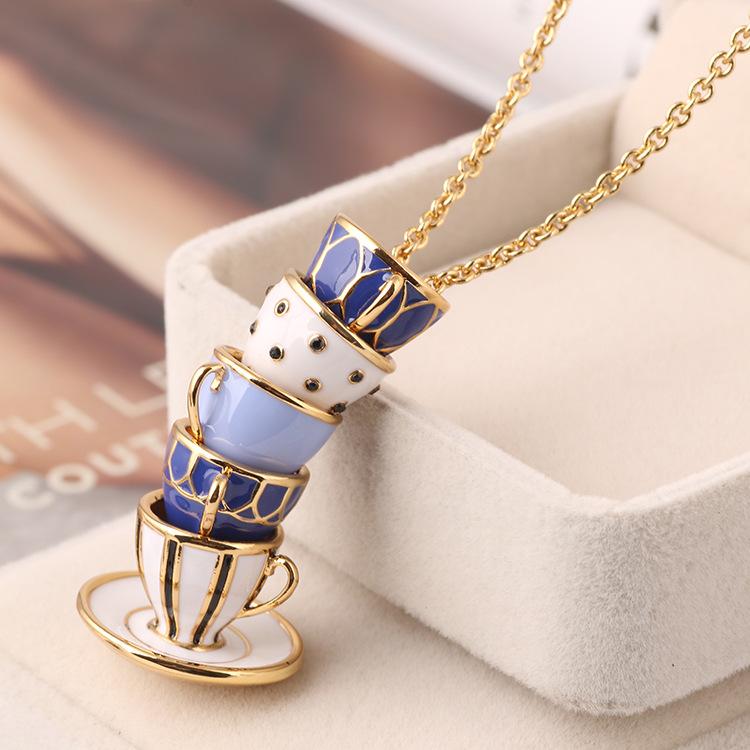 

Pendant Necklaces European And American Fashion Enamel Glaze Teacup Long Necklace