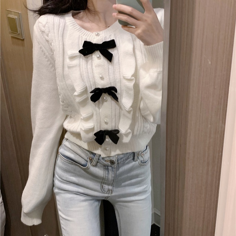 

Korean Sweet Ruffle Bowknot Sweater Jacket Autumn Winter Short Knitted Coat Long Sleeve Women Slim Knitwear 6C782 210429, Mint