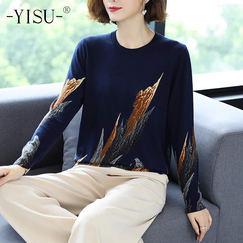 

yisu 2021 autumn winter casual knitted sweater women pullover sweaters loose jumper o neck long sleeve printed sweater women, Black