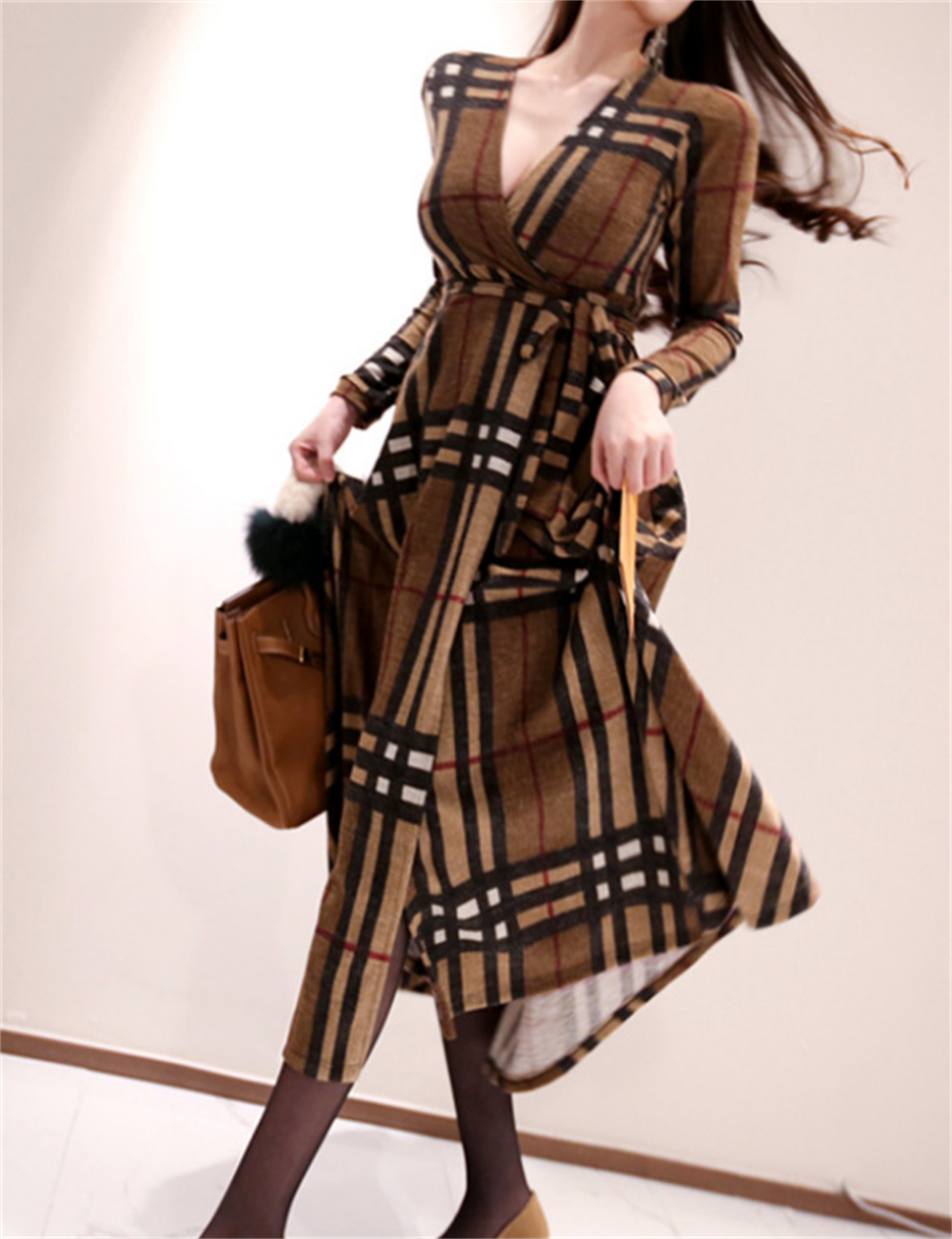 

Fashion Womens Causal Dresses women casual dress classic long sleeve A-line Blouses Pattern Summer antumn OL Clothing Party Blouse Female, Brown