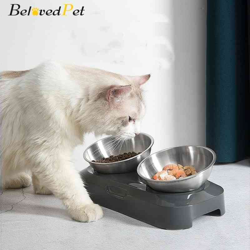 Stainless Steel Cat Food Feeder Double Bowls Adjustable 15 Degree Non Slip Dispenser Pet Drinking Water Bowls Prevent Choking-image-689722251