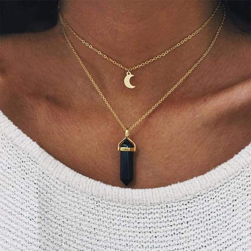 

Pendant Necklaces Hexagonal Column Quartz For Women Moon Pendants Fashion Bohemian Double Layer Clavicle Chain Colorful Jewelry Gift