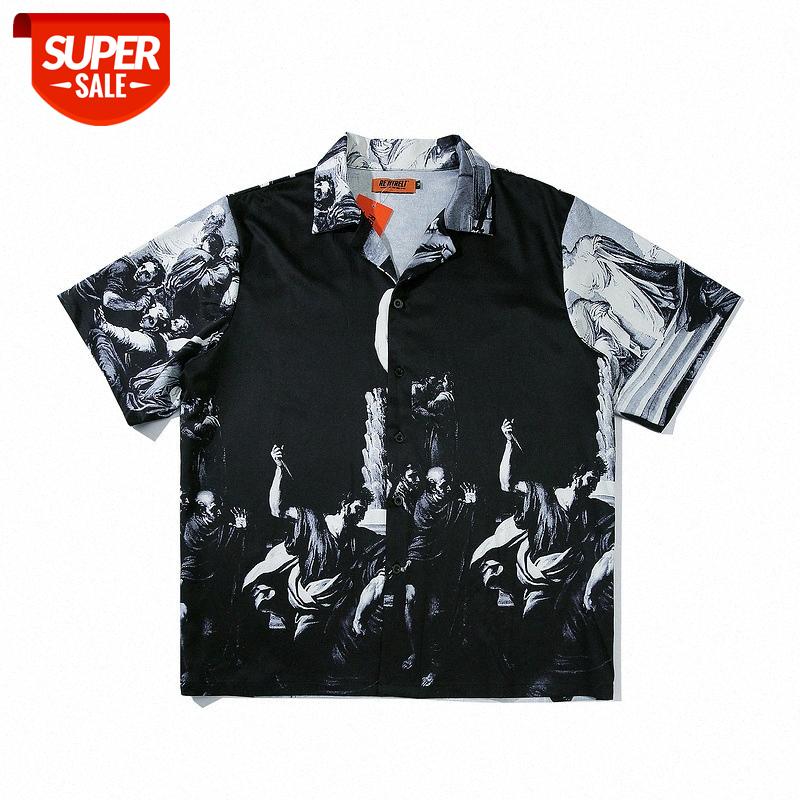 

Retro portrait full print short-sleeved shirt men's loose hip-hop Wei Yi flower casual jacket #0G8J, White;black