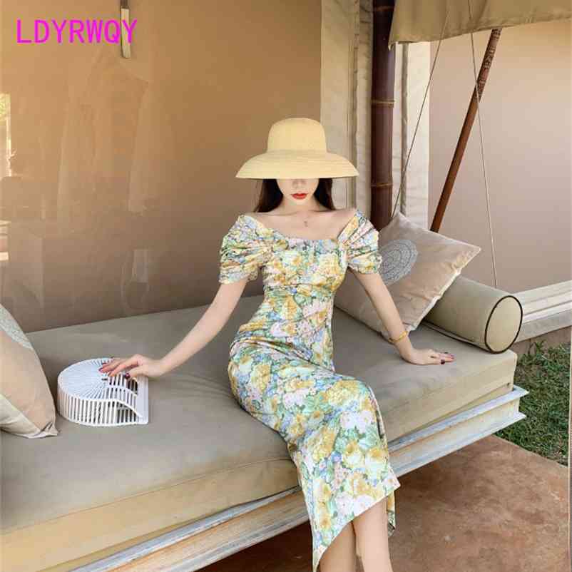 

LDYRWQY French shoulder temperament slim fit floral retro print waist - tucked dress 210603, Yellow
