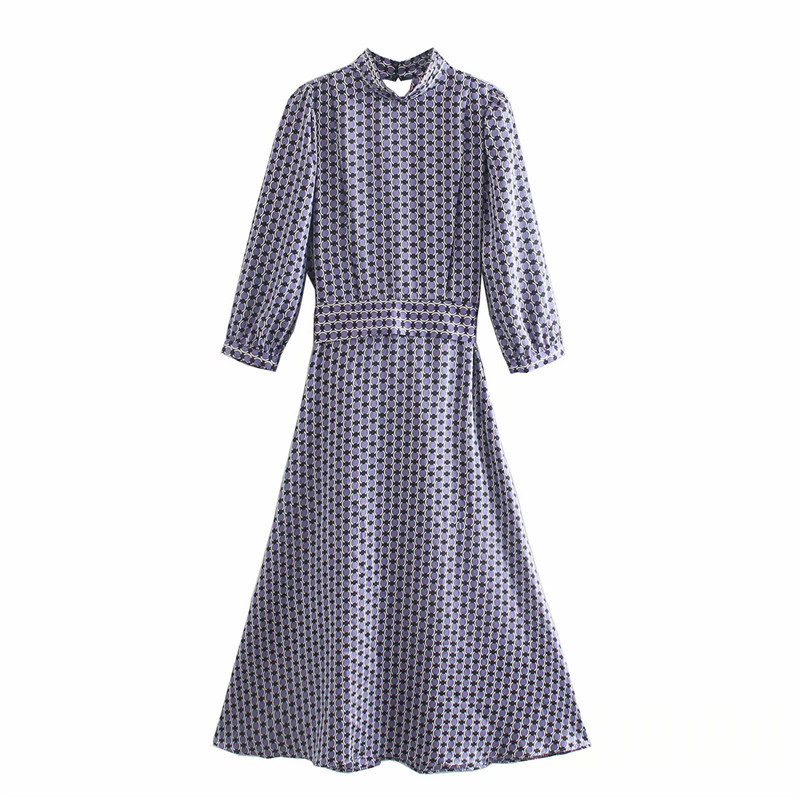 

Casual Dresses Chic Ladies Round Dot Print Za Purple Autumn Midi Dress Female Fashion High Waist Turtleneck Long G6S9