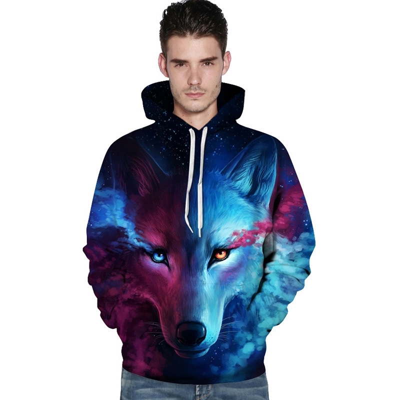 

Blue Wolf 3D digital printing men's sweater loose couple's women's Hoodie, Black