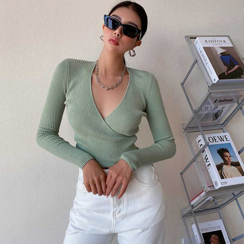 

WOMENGAGA Sexy V-neck Cross-tie Knit Pullovers Sweater Women's Slim Short Long-sleeved Bottoming Top Tops 8YHG 210603, Light blue