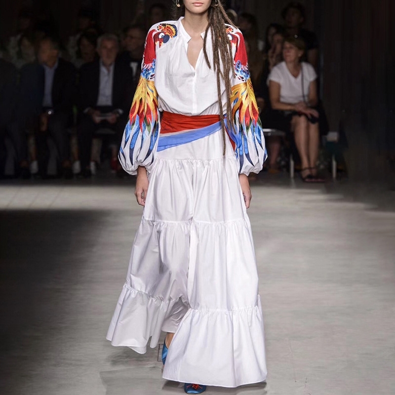 

Banulin High Quality Luxury Design Runway Female Elegant Embroidery Women Dress Lantern Sleeve Waist Maxi Long Dresses 210603, White