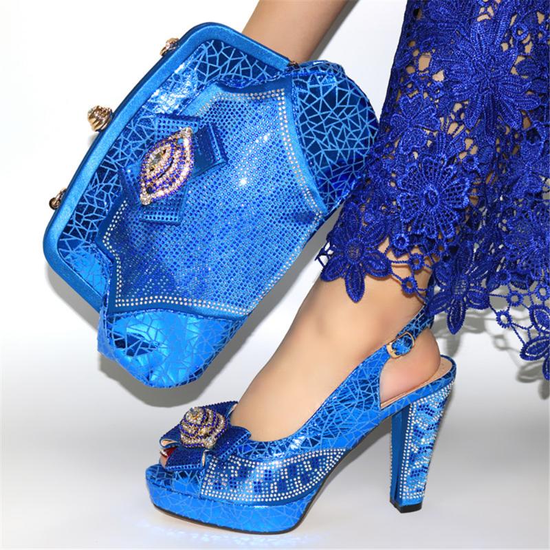 

Dress Shoes Royal Blue Party Set African High Heel Matching With Bag Women's Pumps And Handbag CR2107, Height 11.3cm, Gold