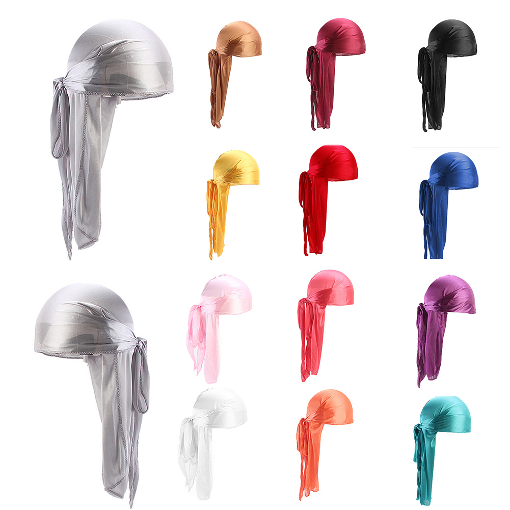

2021 New Unisex Long Silk Satin Breathable Turban Hat Wigs Doo Durag Biker Headwrap Chemo Cap Pirate Hat Men Hair Accessories