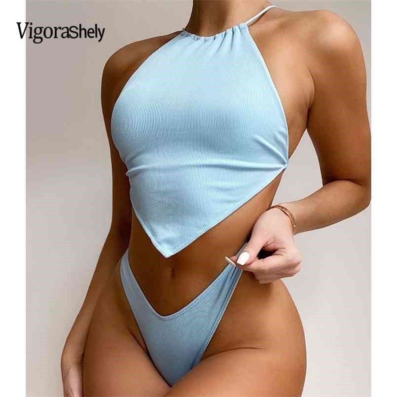 

Vigorashely High Neck Cut Swimwear Women Sexy Thong Bikini Tied Top Swimsuit Female Brazilian Set Bathing Suit Swim 210708, Black bikini