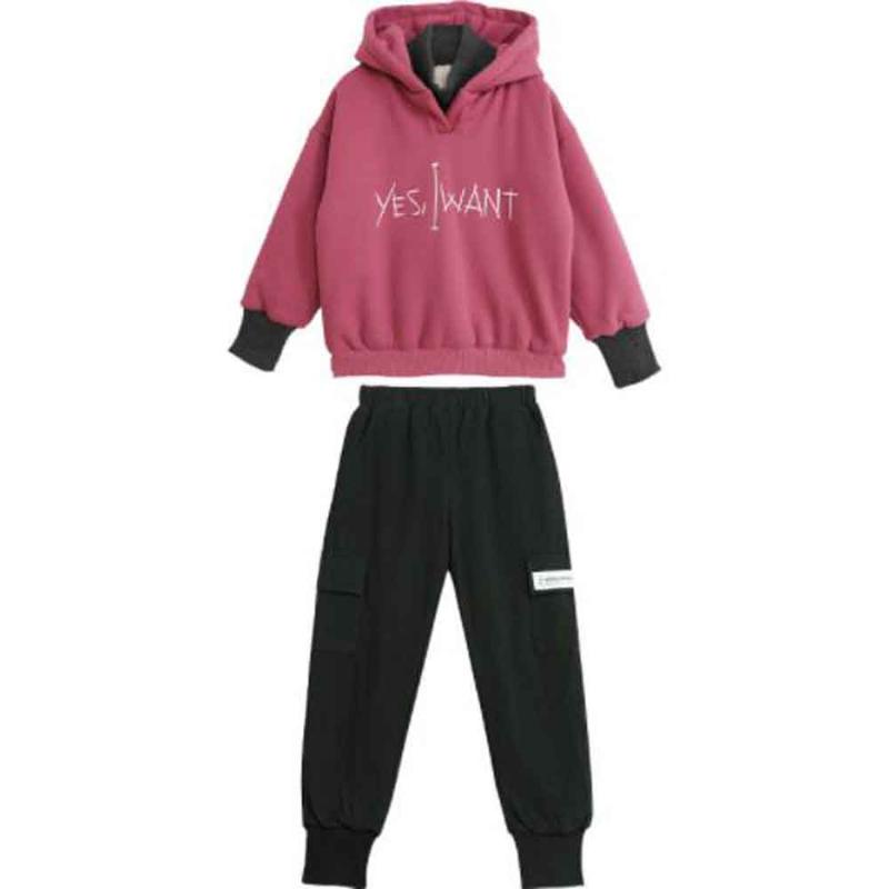 

Clothing Sets Big Girls Autumn Winter Plus Velvet Thicken Letter Hooded Hoodies+Long Pant 2pcs Children Kids Teens Casual Suits, White