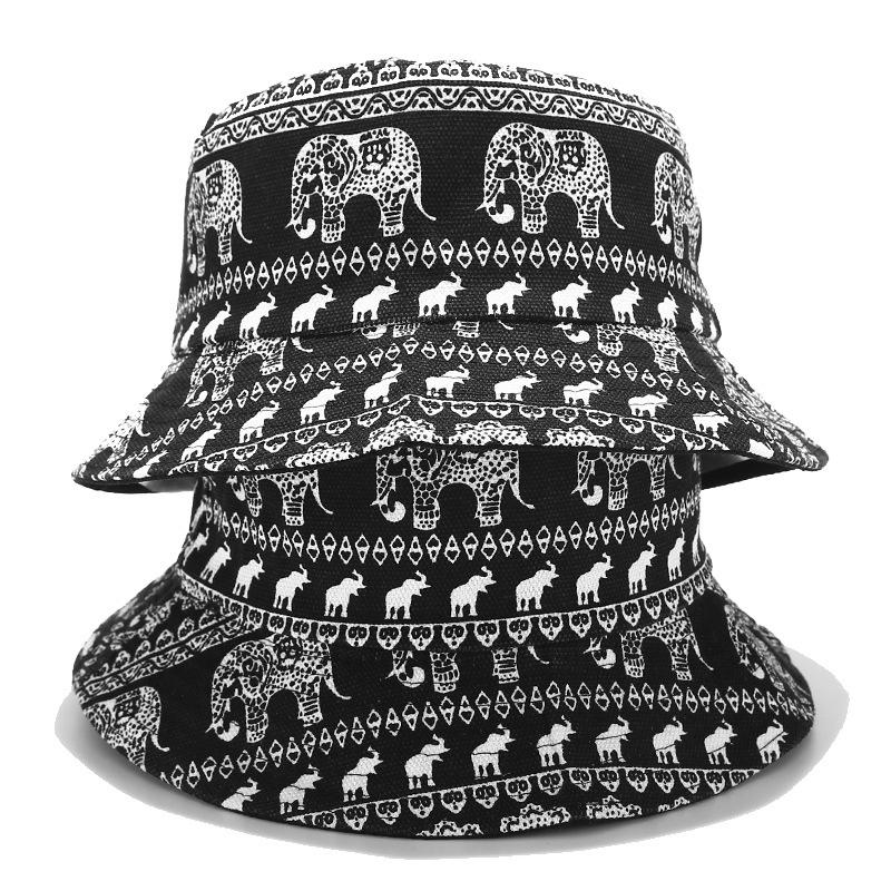 

Elephant Printed Canvas In Summer Wide Brim Hats, Black
