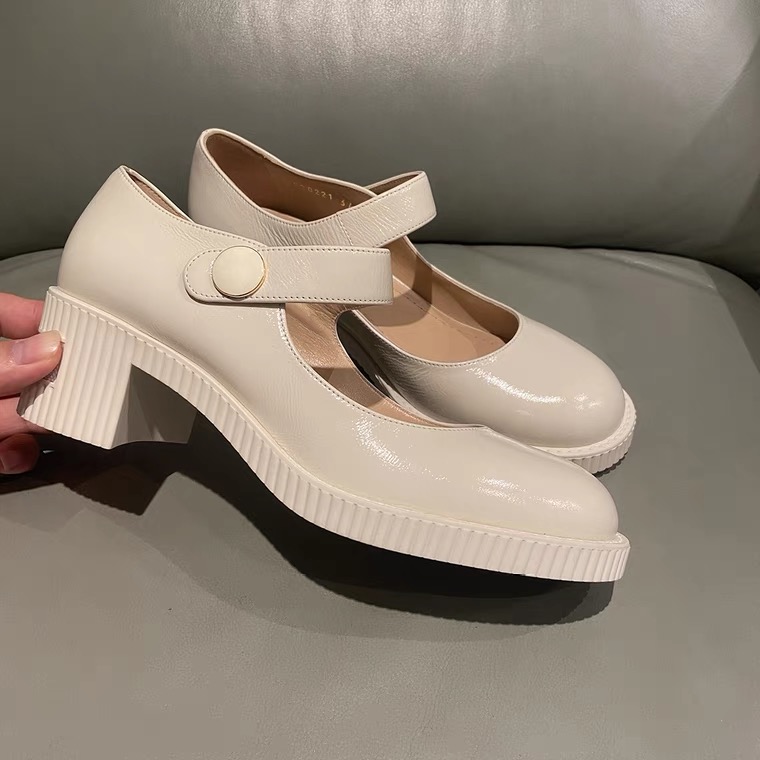 

100%White Mary Jane Summer 2021 luxury designer Women Dress shoes French chunky heels ladylike style small leather the soft platform single, Black