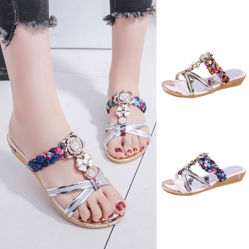 

Women's Crystal Party Slippers Ladies Summer Beach Casual Shoes Low Heel Wedge Slipper Mujer Slides Elegant, Gold