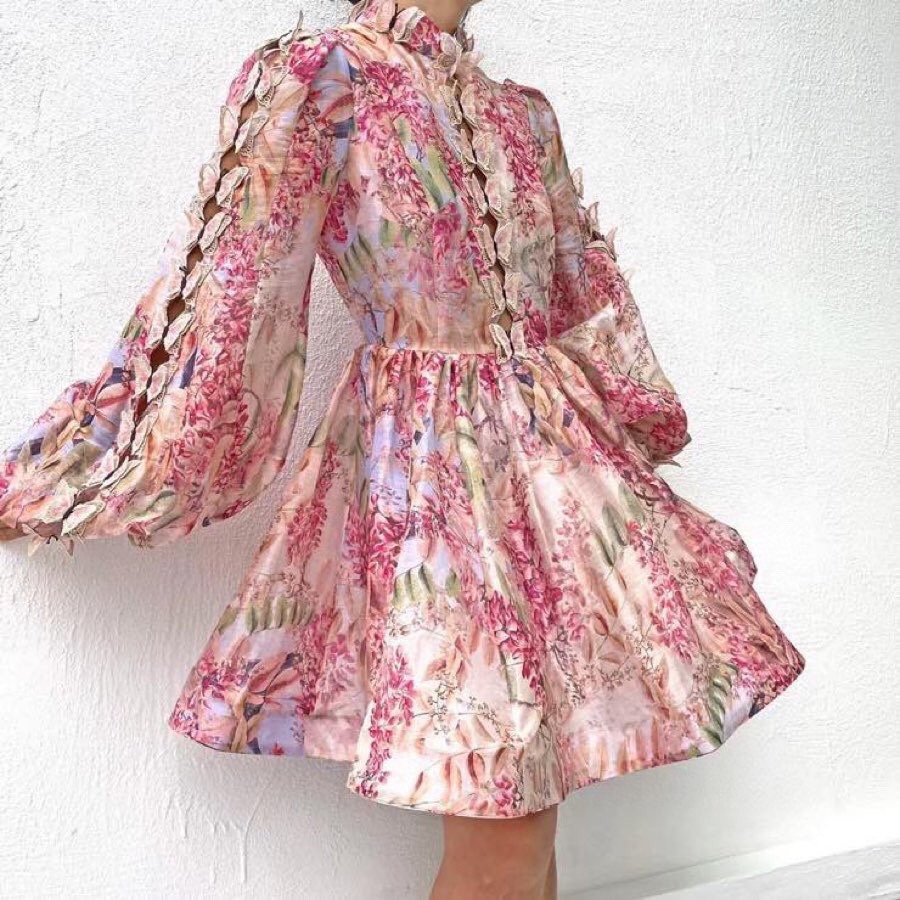 

2021 new elegant pink bow hollow long sleeve dress, Multi