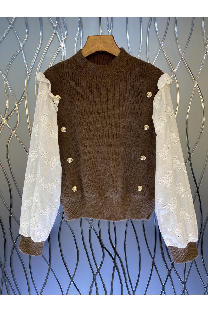 

Lantern Sleeve Stitching Fastener Decoration Knitwear Womens Autumn European and American New Versatile Top 9Z, Black