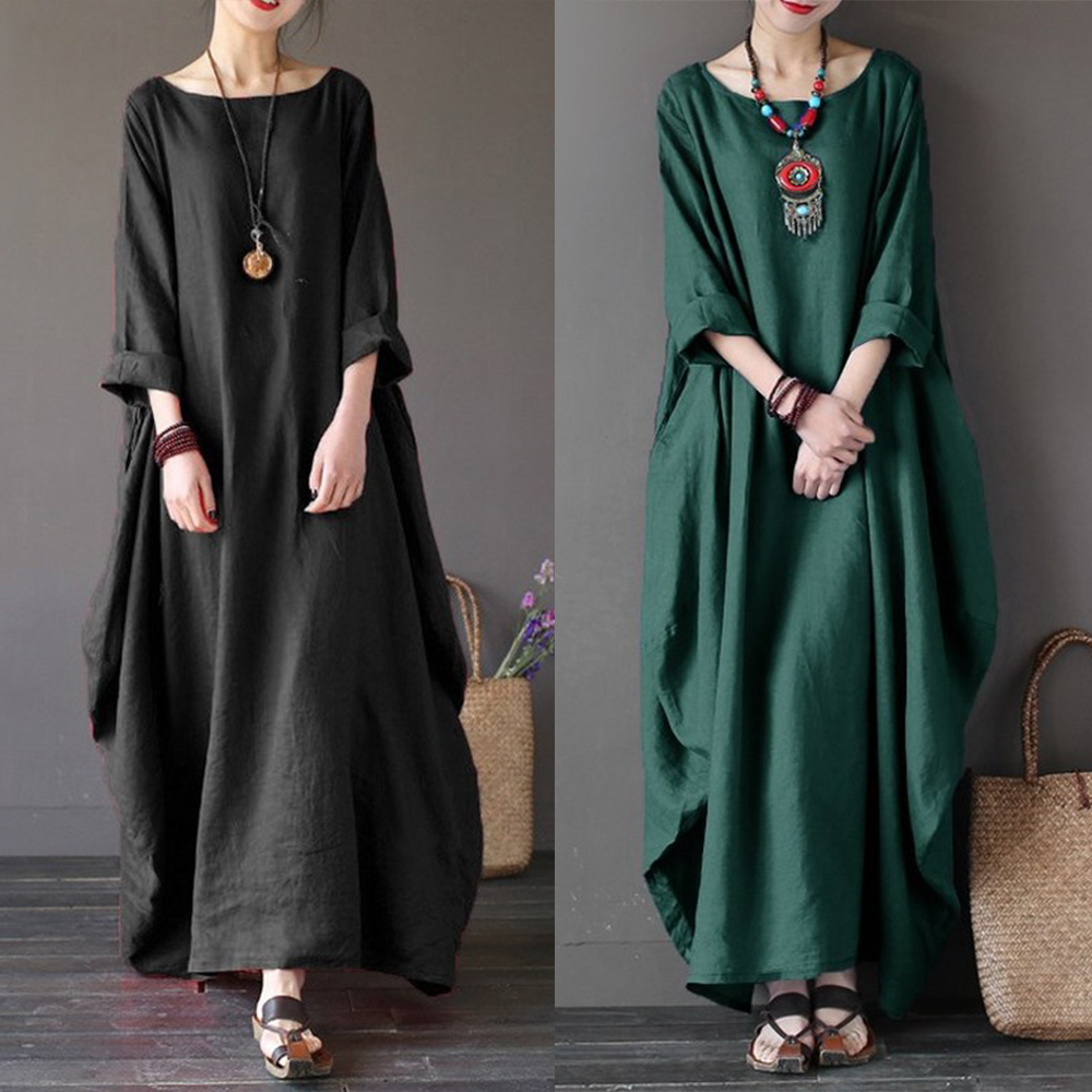 

Cotton Linen Robe Female Dresses Elegant Plus Size Long Sleeve O Neck Maxi Kaftan Dress Casual Vintage Solid Vestidos, Blue necklace