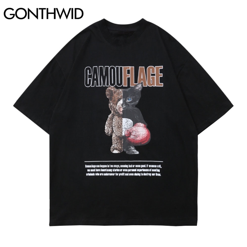 

Tees Streetwear Camouflage Boxing Bear T-Shirts Hip Hop Harajuku Casual Tshirts Men Summer Fashion Short Sleeve Tops 210602, Black