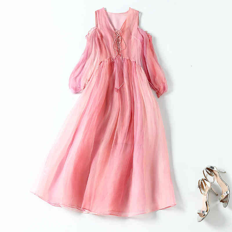 

Casual Dresses Summer silk mulberry Organza high waist pink thin temperament commuting solid color off shoulder medium length dress female YPZZ