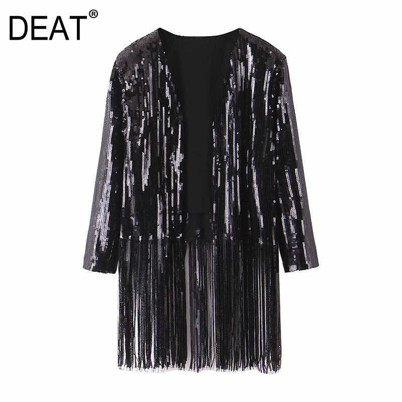 

[DEAT] Loose Fit Sequins Tassel Cardigan Jacket Lapel Long Sleeve Women Coat Fashion Spring Autumn 13T232 210527, Black